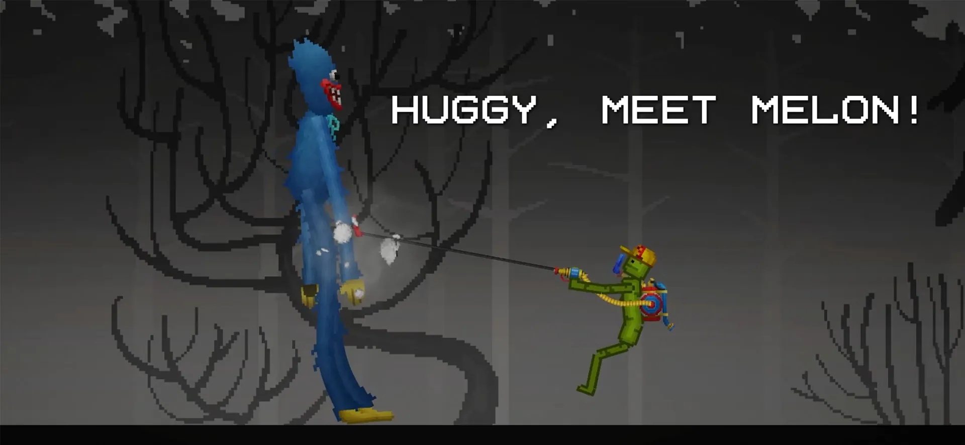 US App Store screenshot of Melon Sandbox: a green character faces Huggy Wuggy