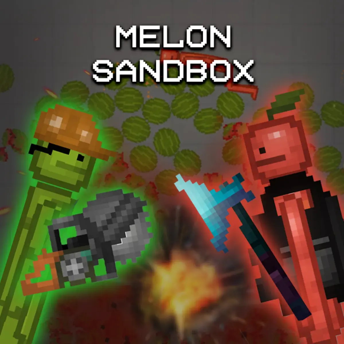 Melon Sandbox gameplay on the official site, gray build grid with ragdoll characters